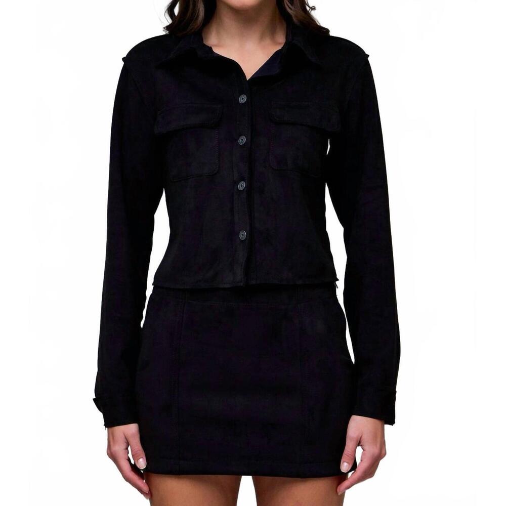 NEW HIDDEN suede cropped button front shirt in black